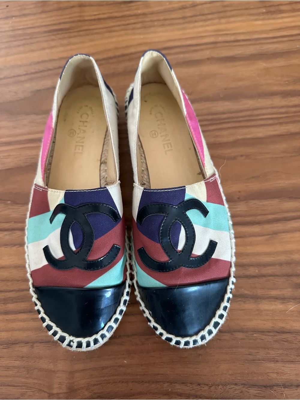 CHANEL Multicolor Canvas Espadrilles with Black Cap Toe